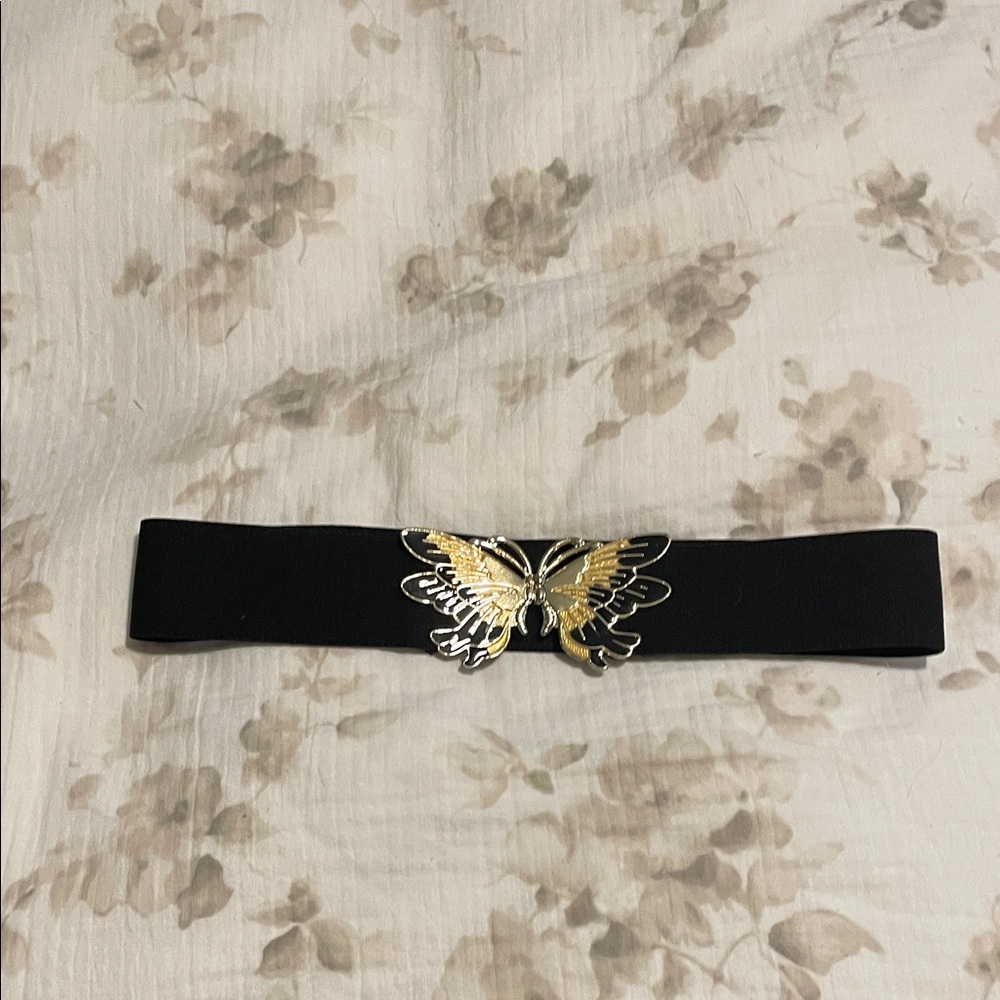 Source Unknown Elegant Black Belt with Gold Butterfly